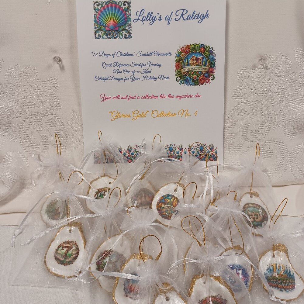 Glorious Gold #4 12 Days of Christmas Oyster Shell Ornaments + 2 Bonus Ornaments